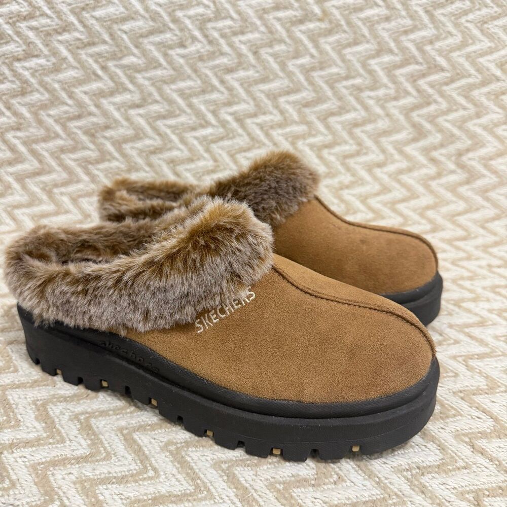 Skechers Women’s Shindigs Fortress Faux Fur Slip On Suede Clogs